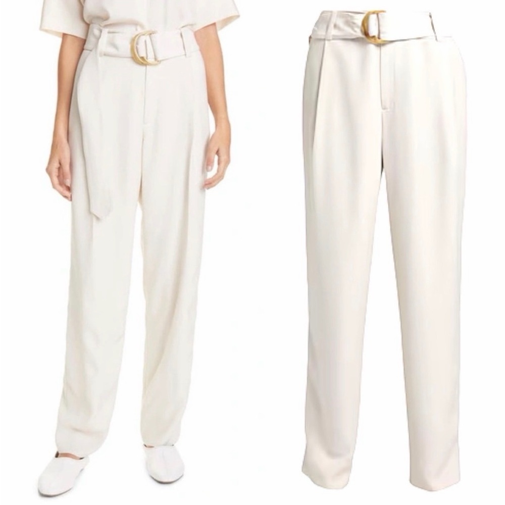 NWT Vince Cream High-Rise Pleated Trousers Self-Tie Belt Quiet Luxury Size 12